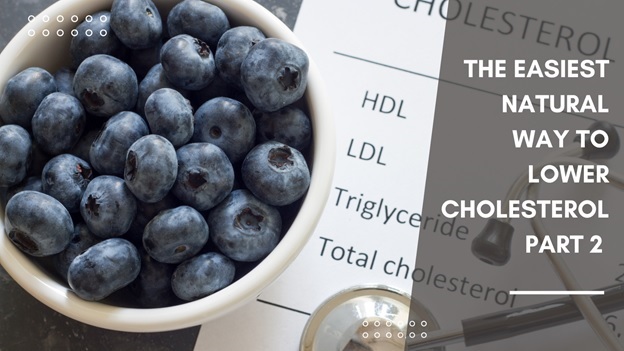 Bowl of blue berries labeled with how to lower cholesterol
